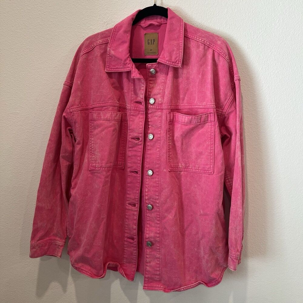 GAP Barbie Pink Oversized Denim Shirt Button Jean Jacket Womens Medium Tall